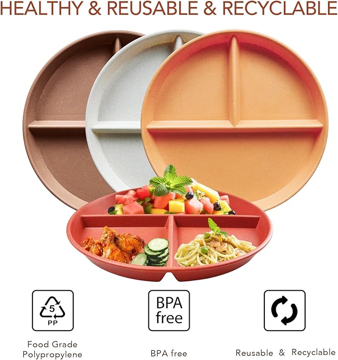 greenandlife 9 Inch 4PCS Unbreakable Portion Control Plates, Divided Plates for Kids Adults, Dishwasher &amp; Microwave Safe Compartment Plate, Lightweight Reusable Wheat Straw Plate, BPA Free