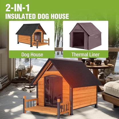 Dog House Outdoor Insulated, Sturdy &amp; Warm Winter Puppy Shelter, 45" L Large Dog Kennel with Chew-Proof Iron Frame, Suitable for Small to Large Dogs(Brown)