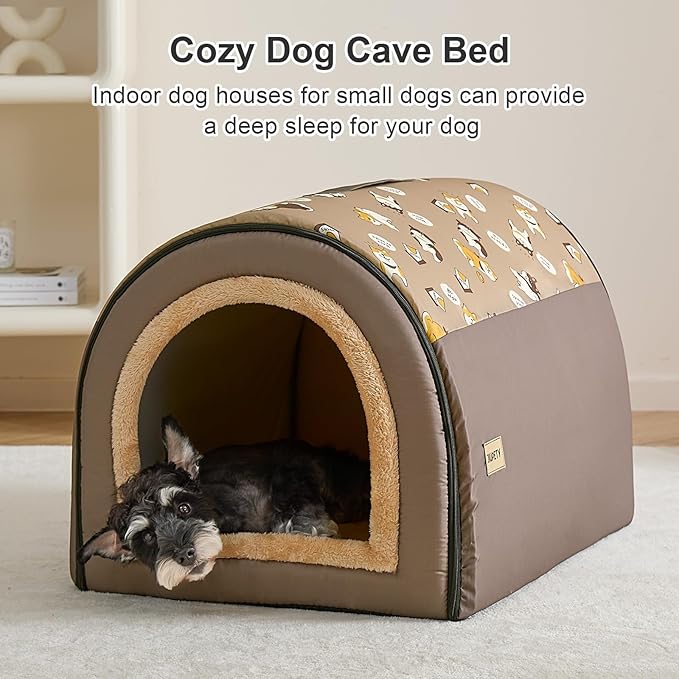 Jiupety Indoor Dog House, 2-in-1 Portable Foldable House Bed with Cover, Pet Tent &amp; Cave Bed for Medium Dogs, XL(29"×21"×20"), Up to 44 Lb, Brown