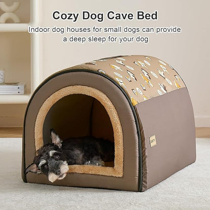 Jiupety Indoor Dog House, 2-in-1 Portable Foldable House Bed with Cover, Pet Tent &amp; Cave Bed for Medium Dogs, XL(29"×21"×20"), Up to 44 Lb, Brown
