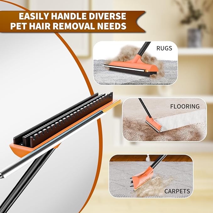 3 in 1 Carpet rake Kit for Pet Hair Removal Tool - Reusable Pet Hair Remover broom w 58"Adjustable Long Handle, Dog &amp; Cat Carpet Scraper, Pet Hair Remover for Rugs, Mats, Couch, Curtains(Orange)