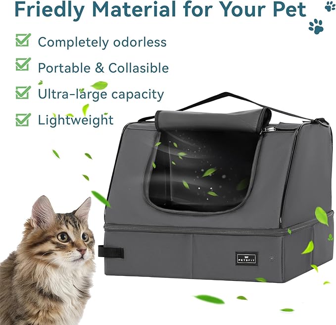 PETSFIT Portable Cat Litter Box - Removable 2-Layer Leak-Proof Lining, Scratch-Resistant Fabric with Sturdy Support Frame, Travel &amp; Collapsible Cat Litter Box Grey