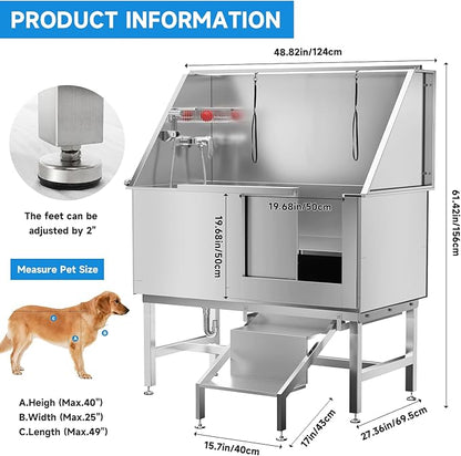 Dog Washing Station 50" Dog Grooming Tub with Right Stair&amp; Faucet, Stainless Steel Dog Bathing Station for Home,Dog Bathtub for Large,Medium,Small Pets