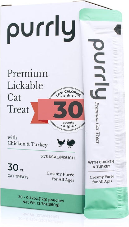Purrly Interactive Lickable Cat Treats Low Calorie Human-Grade Chicken Breast &amp; Turkey with L-Lysine &amp; Astaxanthin for Immunity (30 Count) Non-Seafood Hydrating BPA-Free for All Ages