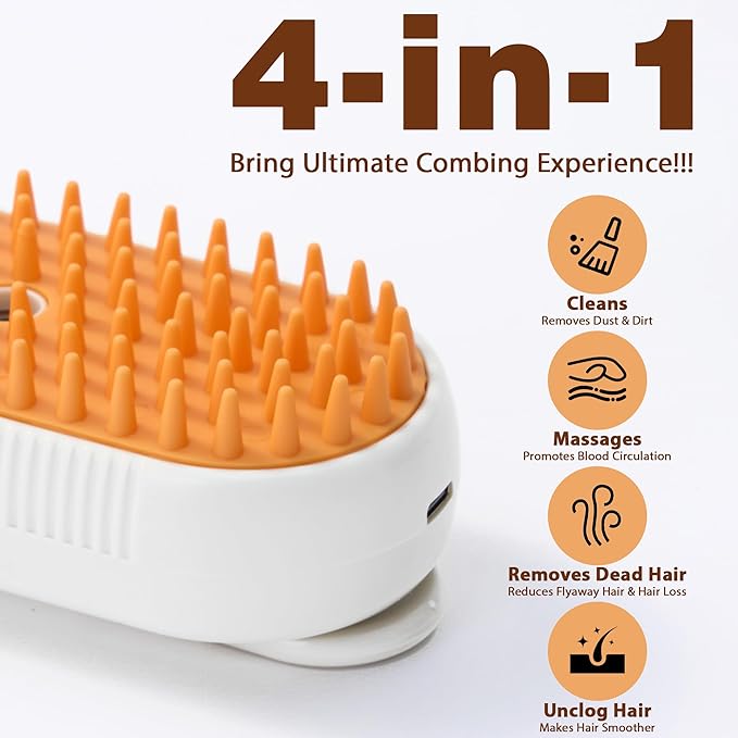 4 in 1 Cat Steam Brush, Rechargeable Steam Brush for Cats and Dogs, Anti-Static Cat Spray Brushes, Massage, Cleaning, Shedding &amp; Combing All In One! White