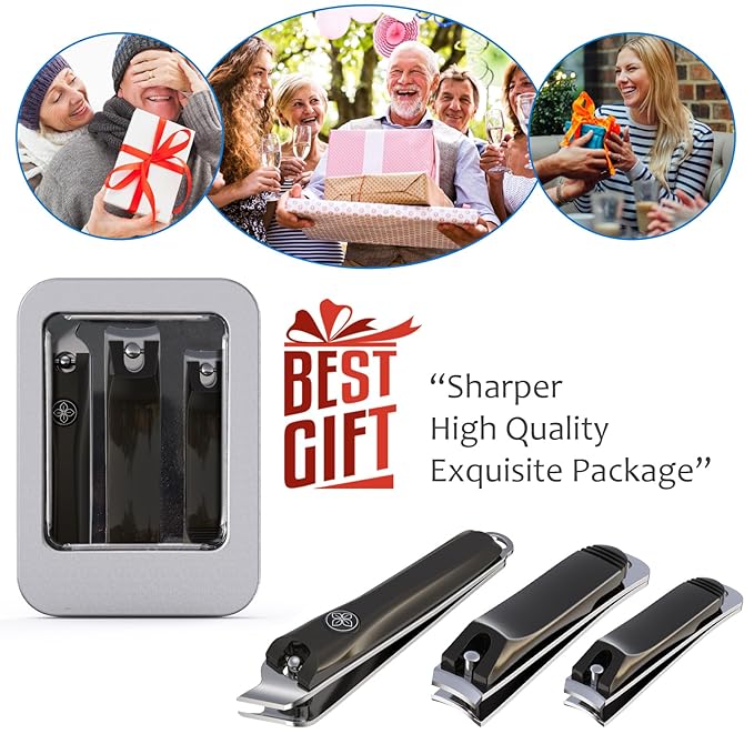 GLAMFIELDS 3pcs Nail Clippers Set, Black Stainless Steel Slanted Edge Nail Clipper &amp; Fingernail &amp; Thick Toenail Trimmer for Men and Women