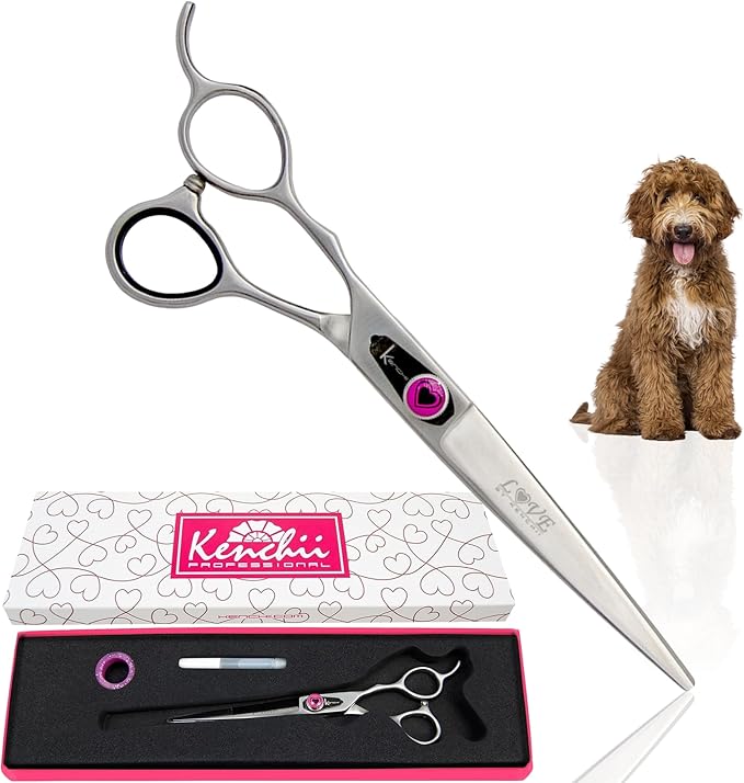 Kenchii Love Left Handed Dog Grooming Scissors, 7 Inch Straight Shears, Dog Scissors for Grooming, Professional Pet Grooming Scissors, Ergonomic &amp; Comfortable