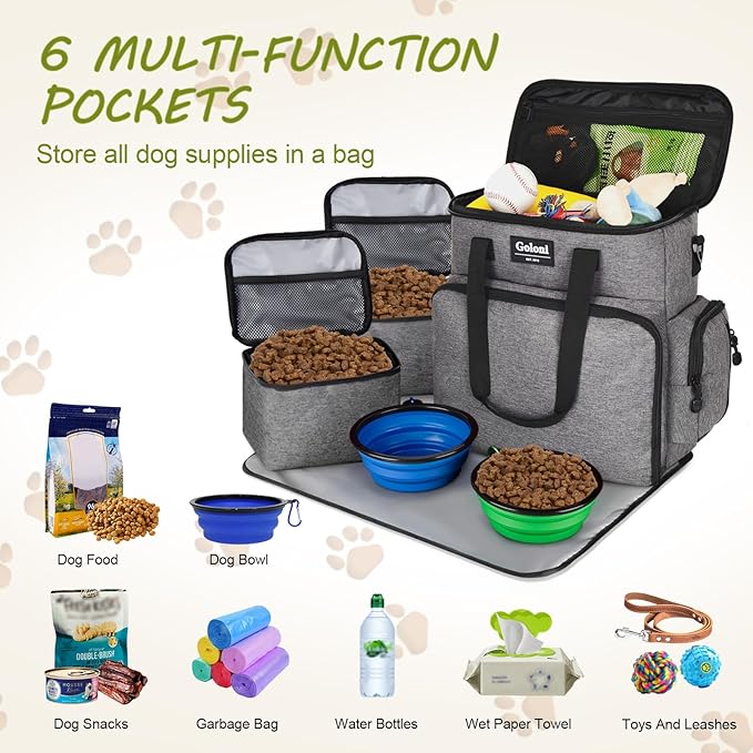 Dog Travel Bag Airline Approved–Pet Travel Tote with Collapsible Bowls,Food Containers &amp; Feeding Mat–Multi-Pocket Organizer for Dogs &amp; Cats, Durable &amp; Water-Resistant for Hiking,Trips,Outdoors