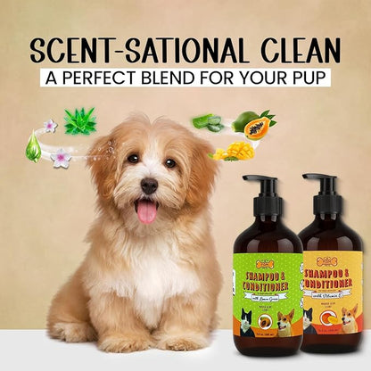 POM Pets 2 Pack 2-in-1 Organic Dog Shampoo &amp; Conditioner – Itchy Skin Relief, Dog Deshedding, Detangles Fur, Cat Shampoo, Paw Cleaner for Dogs, Natural Coat Defense Formula