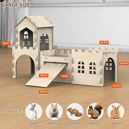 Large Bunny House and Hideouts, Wooden Dual-Layer Rabbit Castle with Stair, Rubber Band-Free Setup - Chew-Proof, Sturdy Habitat for Guinea Pig Chinchilla Ferret (Rabbit House with Tunnels &amp; Tubes)