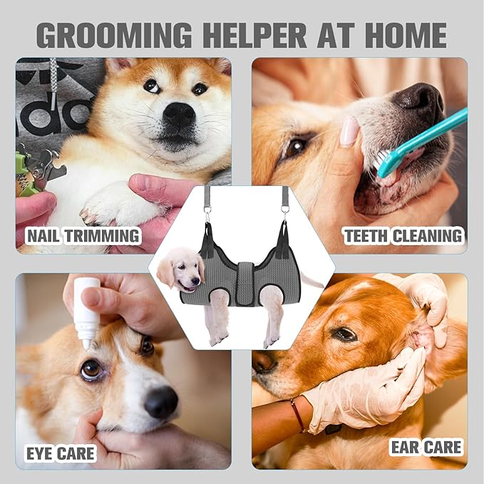 PAWCHIE Dog Grooming Hammock Harness for Dogs &amp; Cats with Pet Nail Clipper Trimmer- Breathable Cat Hanger Sling for Trimming Clipping Nails-Dog Hammock Restraint Bag for Small Medium Large Dog, Grey S