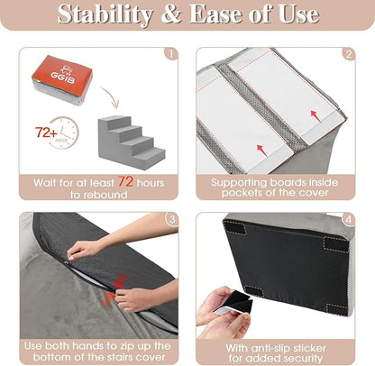 GGIB Non-Slip Pet Stairs for Small Dogs &amp; Cats - 4-Step, Removable Washable Cover, Light Grey, 17" H