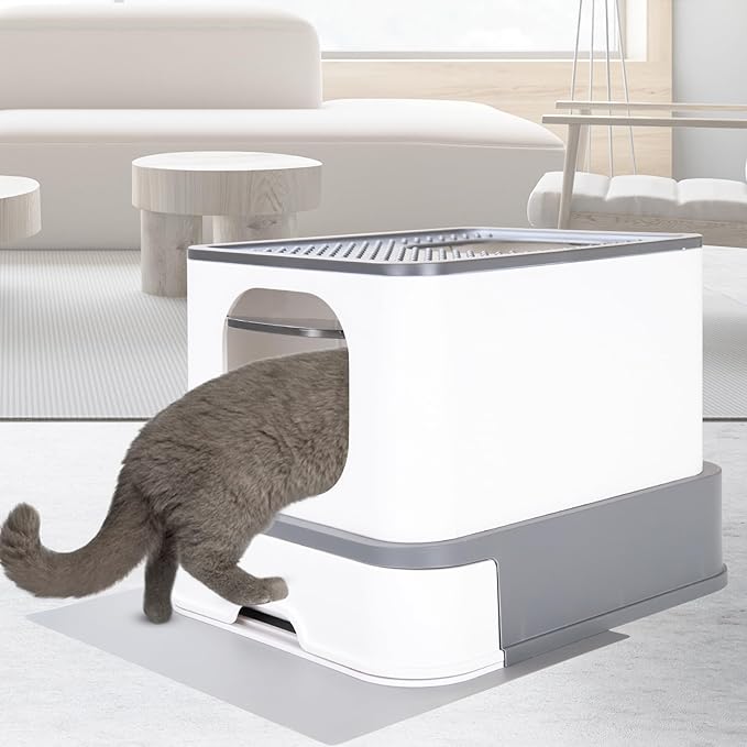 RIZZARI Cat Litter Box Stainless Steel Top-Entry : Leak-Proof Enclosed Design Reduces Odor, for Indoor Cats &amp; Owners (Dark Gray)