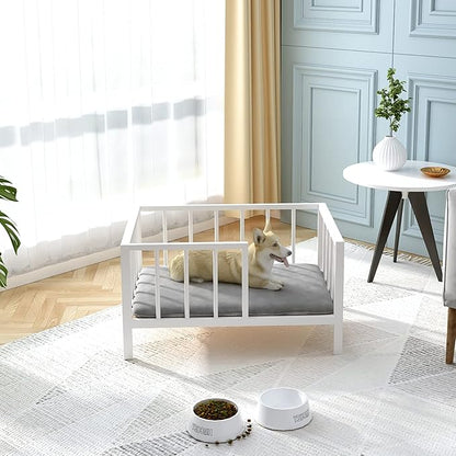 Dog Bed with Rails - Elevated Pet Metal Bed Frame with Solid Wood Board and Washable Soft Mat for Small Dog Indoor or Outdoor Use, 21.3" x 30 ", White