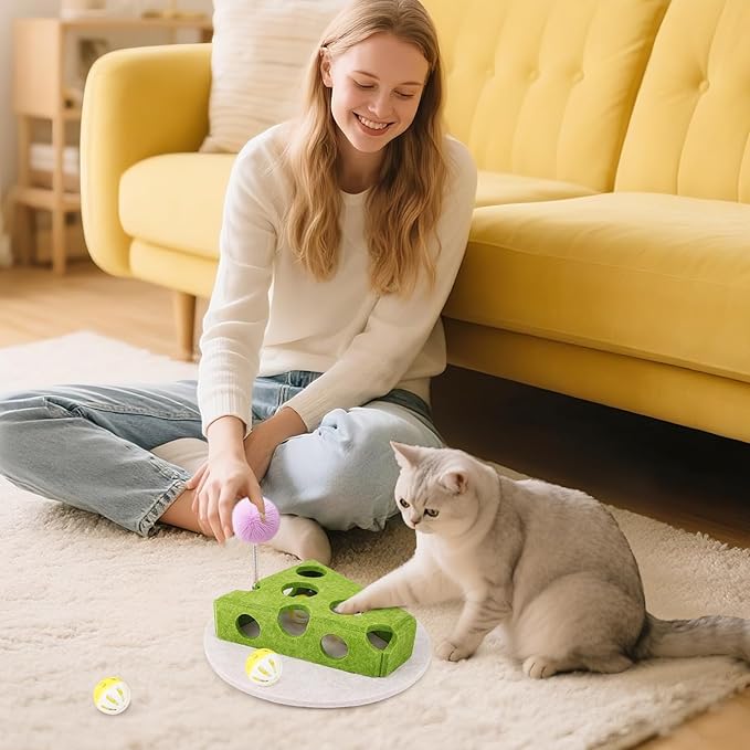 Interactive Cat Puzzle Toy for Indoor Cats &amp; Kittens - Fun Track Balls &amp; Spring Teaser in Stimulating Felt Puzzle Box (Green) - Mental Enrichment Game