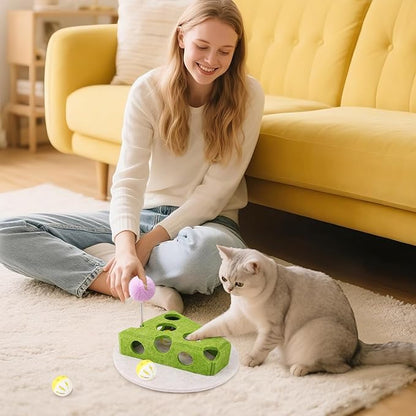 Interactive Cat Puzzle Toy for Indoor Cats &amp; Kittens - Fun Track Balls &amp; Spring Teaser in Stimulating Felt Puzzle Box (Green) - Mental Enrichment Game
