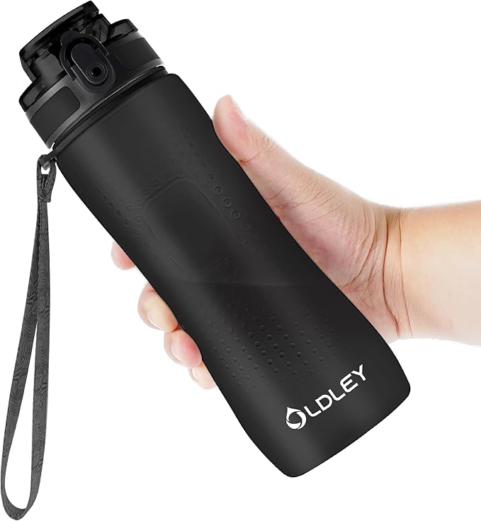 OLDLEY 25 oz Water Bottle, Motivational Water Bottle with Time Marker, Sports Water Bottle With Strap, Leakproof &amp; BPA Free Large Water Bottles for School, Gym, Travel, Outdoor, Tritan,Black