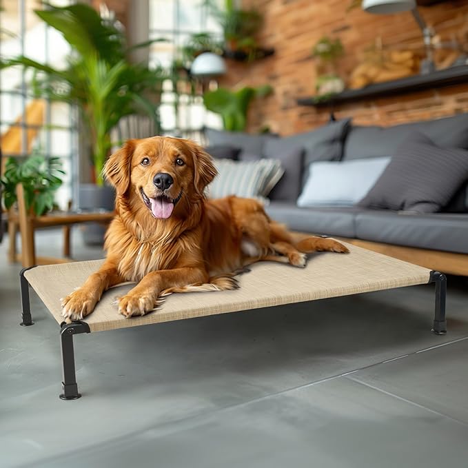 Veehoo Heavy Duty Elevated Dog Bed - Raised Dog Cot with Washable &amp; Breathable Teslin Mesh, Non-Slip Silicon Feet, Cooling for Indoor or Outdoor, 35" x 22", Beige Coffee