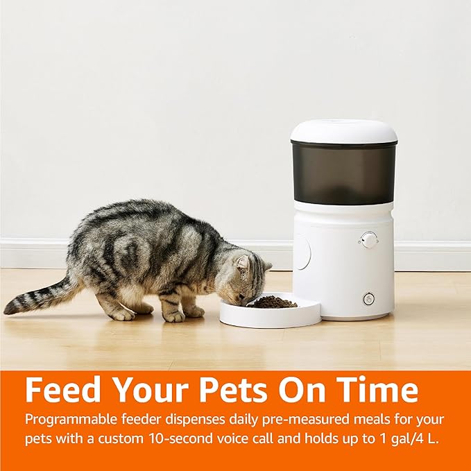 Amazon Basics Automatic Feeder for Cats and Dogs with Speed &amp; Portion Control, 4L Capacity, White
