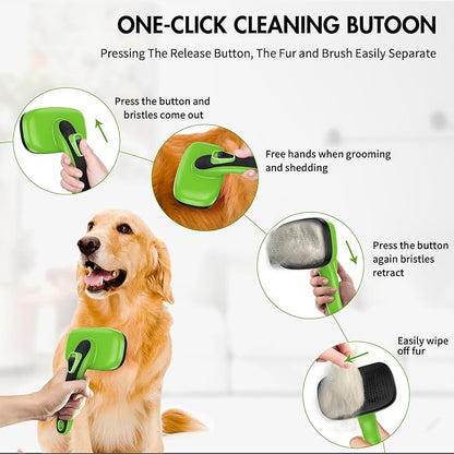 Dog Brush Kit - Self-Cleaning Slicker Brush with Bath Brush &amp; Undercoat Rake | Deshedding Tools for Large - Small Dogs &amp; Cats, Professional 3-in-1 Pet Grooming Set for Heavy Shedding, Green