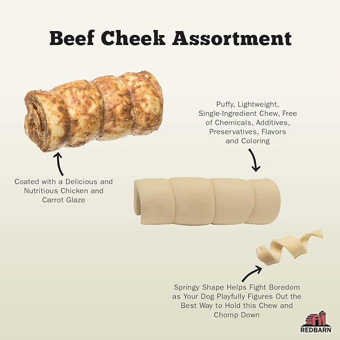 Redbarn Pet Products All-Natural Beef Cheek Rolls for Dogs, Grain-Free Cow Cheeks, Naturally Rich in Collagen, Available in Chicken &amp; Carrot Glaze or Uncoated (Original, Small/Medium (Pack of 25))