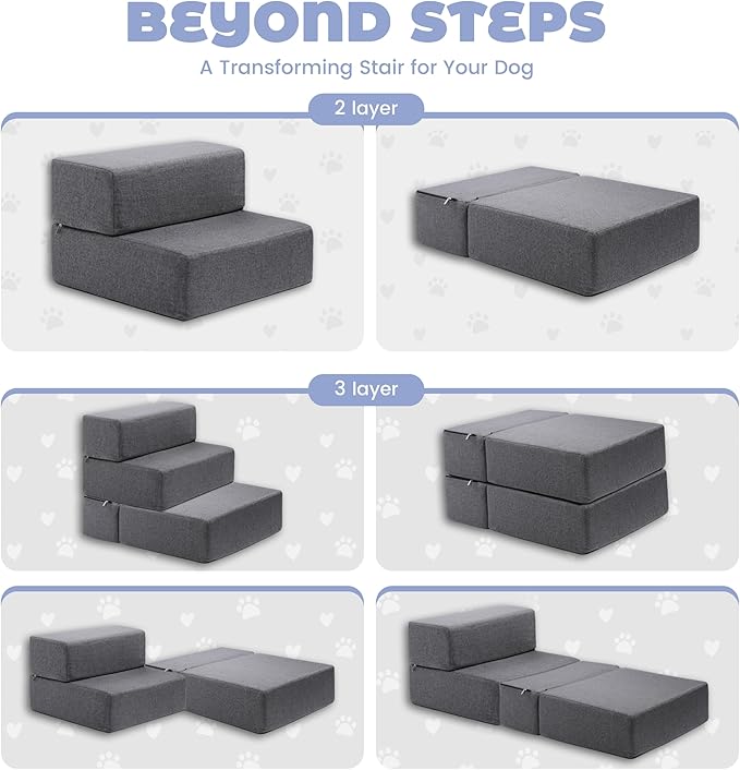 Foldable 18 Inch Wide Dog Stairs for Small Dogs, 12 Inch Height Foam Dog Steps for Bed &amp; Couch, Linen Covered Pet Stairs for Dogs to Get on Bed, Indoor Foam Pet 2 Steps for for Cat and Puppy