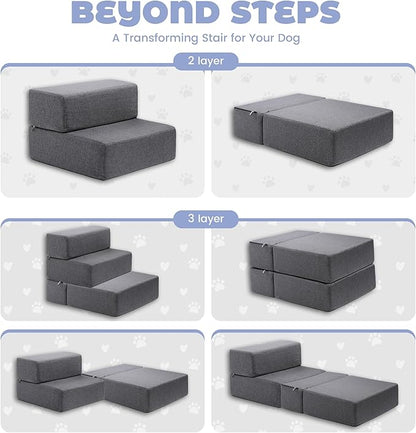 Foldable 18 Inch Wide Dog Stairs for Small Dogs, 12 Inch Height Foam Dog Steps for Bed &amp; Couch, Linen Covered Pet Stairs for Dogs to Get on Bed, Indoor Foam Pet 2 Steps for for Cat and Puppy
