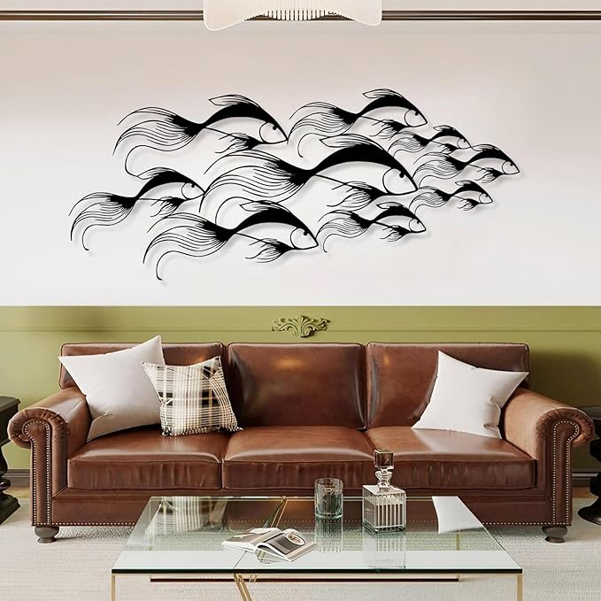 School of Fish Metal Wall Art, Metal Fish Wall Decor, Sea Life Wall Art, Large Nautical Wall Hanging, Modern Beach House Wall Decor, Ocean Themed Artwork for Bathroom (Silver, 48"x20" | 121x51cm)