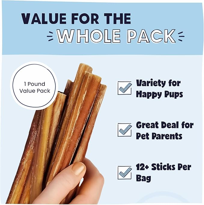 Pawstruck All-Natural 9" Bully Sticks for Dogs - Long Lasting, Rawhide-Free, Low Odor &amp; Grain-Free Dental Chew Treat - Healthy Single Ingredient, 100% Real Beef - 1 lb Bag