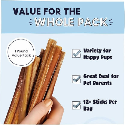 Pawstruck All-Natural 9" Bully Sticks for Dogs - Long Lasting, Rawhide-Free, Low Odor &amp; Grain-Free Dental Chew Treat - Healthy Single Ingredient, 100% Real Beef - 1 lb Bag
