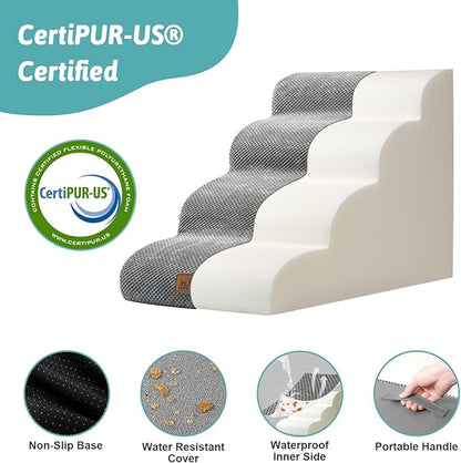 Dog Stairs for Small Dogs 19.7" H, Curved Dog Step for Puppy, Older or Cat, Medium Pet Ramp for Sofa, Couch or Bed, Ladder with High Density Foam, 15.7x28.3x19.7 inch, 4 Step, Grey
