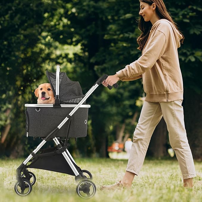 MoNiBloom Pet Stroller for Small/Medium Dogs w/Detachable Carrier &amp; Lightweight Aluminum Frame, Folding Jogging Travel Stroller, Dark Gray