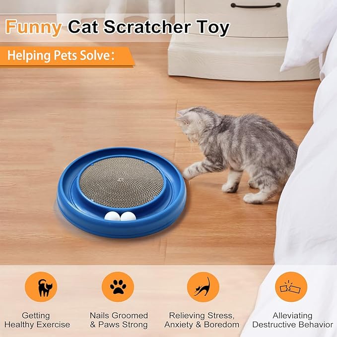 Interactive Cat Ball Track Toy for Indoor Cats, Cat Scratching Board &amp; Exercise Set for Bored Indoor Adult and Kitten Mental &amp; Physical Stimulation, with Spare Ball to Prevent Loss (Blue)