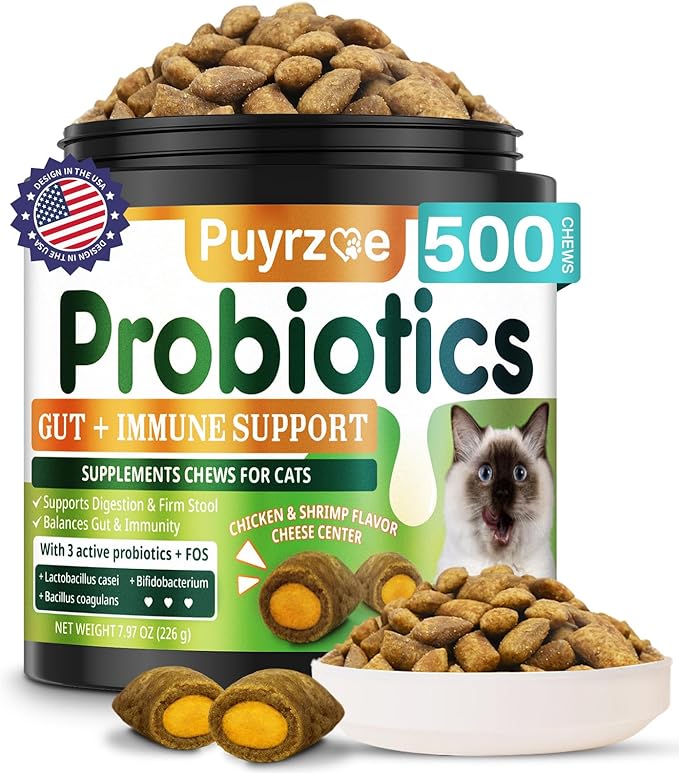 Cat Probiotics &amp; FOS, Gut + Immune Support - 500 Chews Crunchy &amp; Creamy Cheese Core, Probiotic for Digestive and Gut Health, Immunity, Constipation Relief for Cats Kittens - Chicken Shrimp