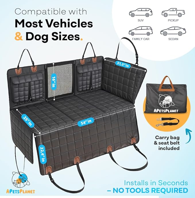APetsPlanet Dog Car Seat Cover for Back Seat Hard Bottom - Waterproof Backseat Extender for Dogs - Pet Hammock Bed for Car, Truck, SUV with Mesh Window &amp; Storage - Black Leather, with Door Covers