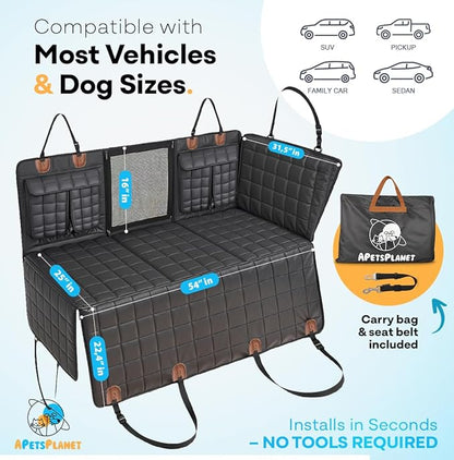 APetsPlanet Dog Car Seat Cover for Back Seat Hard Bottom - Waterproof Backseat Extender for Dogs - Pet Hammock Bed for Car, Truck, SUV with Mesh Window &amp; Storage - Black Leather, with Door Covers