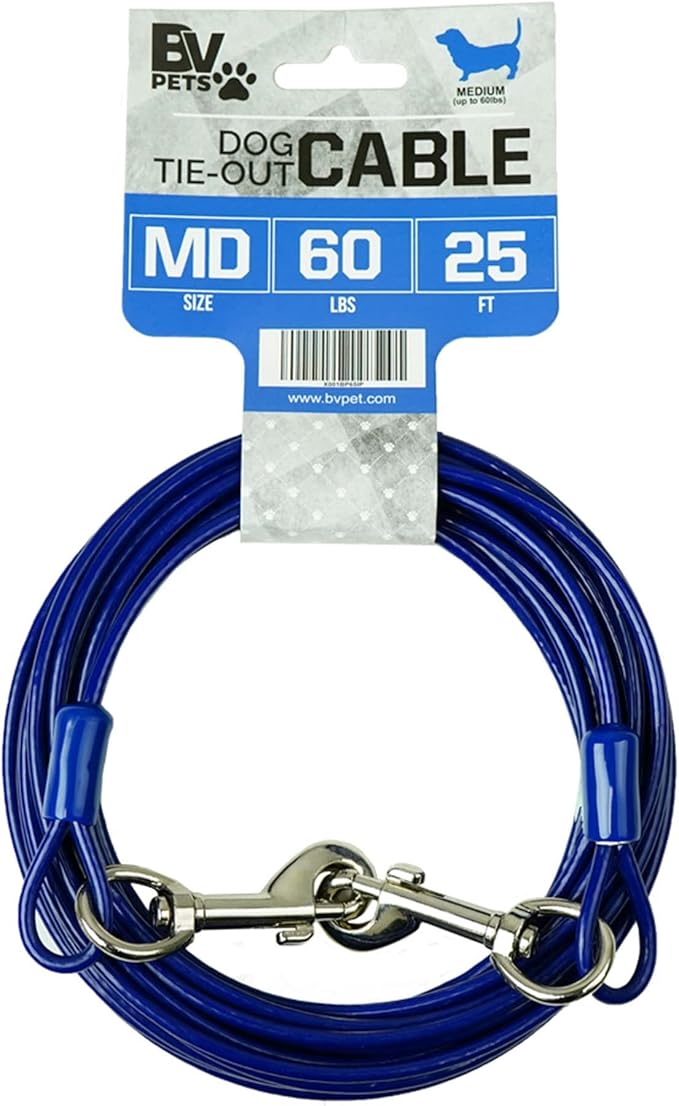BV Dog Tie Out Cable 25 Feet - Heavy Duty Dog Lead Up to 60 Pounds - Reflective &amp; Rust-Free with Quick Release Swivel Clips &amp; 360° Rotating Clasp - Tangle-Free Dogs Runner for Yard (Blue, Single)