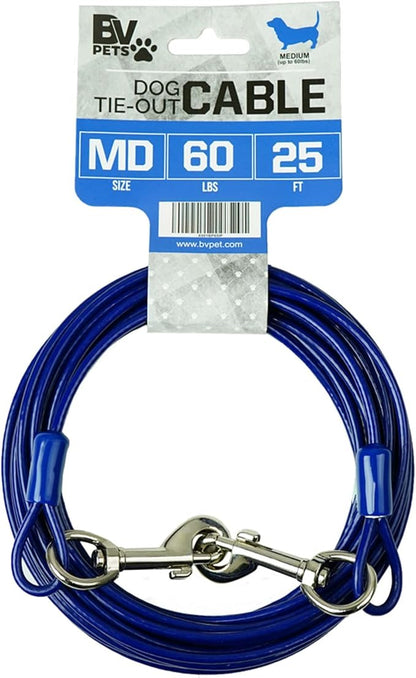 BV Dog Tie Out Cable 25 Feet - Heavy Duty Dog Lead Up to 60 Pounds - Reflective &amp; Rust-Free with Quick Release Swivel Clips &amp; 360° Rotating Clasp - Tangle-Free Dogs Runner for Yard (Blue, Single)