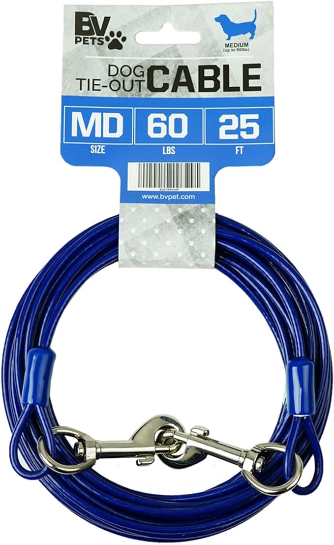 BV Dog Tie Out Cable 25 Feet - Heavy Duty Dog Lead Up to 60 Pounds - Reflective &amp; Rust-Free with Quick Release Swivel Clips &amp; 360° Rotating Clasp - Tangle-Free Dogs Runner for Yard (Blue, Single)