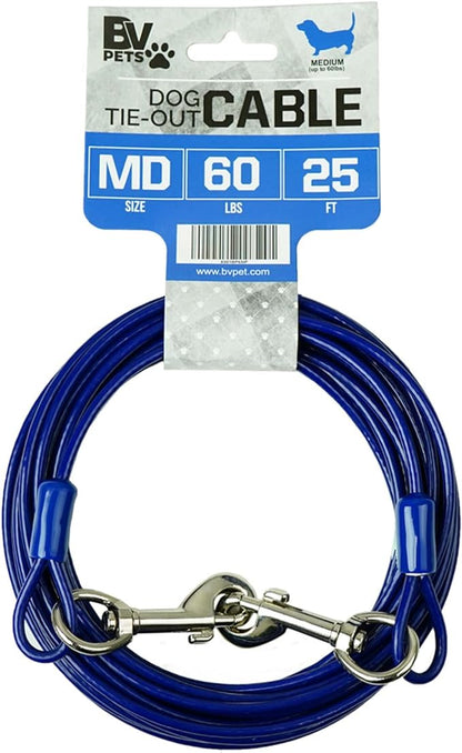 BV Dog Tie Out Cable 25 Feet - Heavy Duty Dog Lead Up to 60 Pounds - Reflective &amp; Rust-Free with Quick Release Swivel Clips &amp; 360° Rotating Clasp - Tangle-Free Dogs Runner for Yard (Blue, Single)