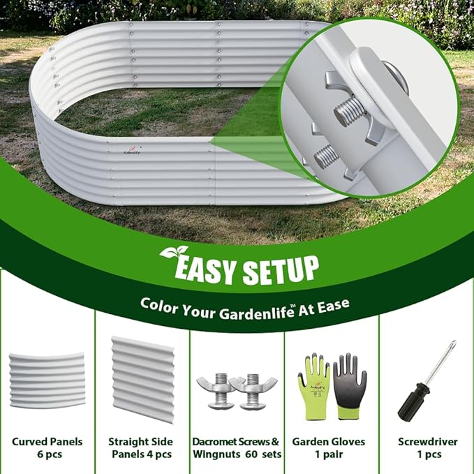 A ANLEOLIFE 6X3X2 ft Galvanized Raised Garden Beds Outdoor, Oval Large Metal Deep Root Planter Box for Planting Vegetables Flowers Herb, Anti-Rust &amp; Easy-Setup, Antique White