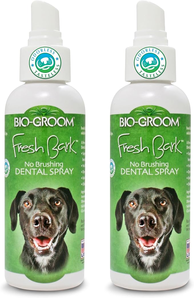 Bio-groom Fresh Bark Dog Breath Freshener - No Chew Dental Spray for Dogs &amp; Cats, Teeth Cleaning Oral Care for Plaque &amp; Tartar, No Brushing Required, Made in The USA - Flavorless, 4 fl oz (Pack of 2)