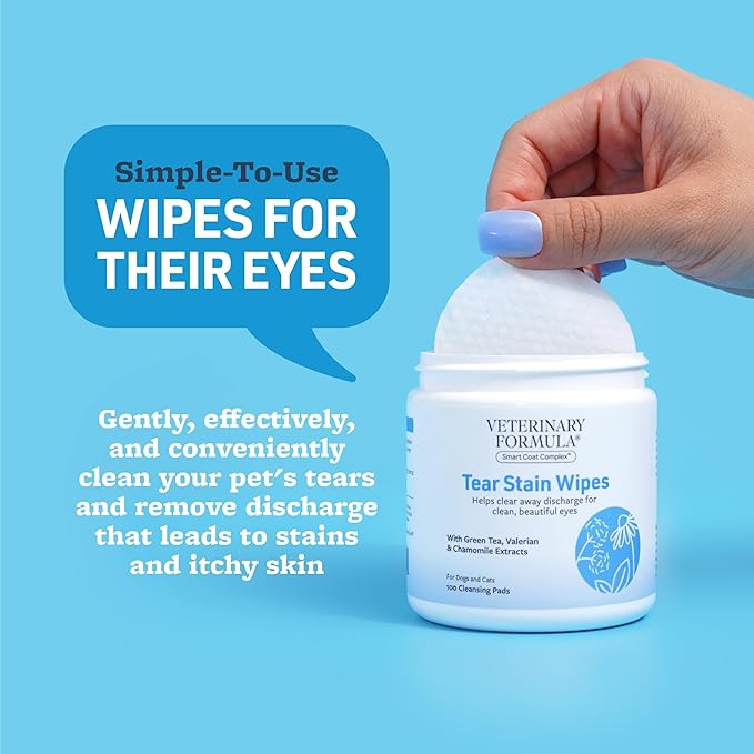 Veterinary Formula Smart Coat Complex Tear Stain Wipes for Dogs &amp; Cats, 100 ct – Gently Wipe Away Debris and Clean Stains Around The Eyes of Pets, Fragrance-Free and Pre-Saturated