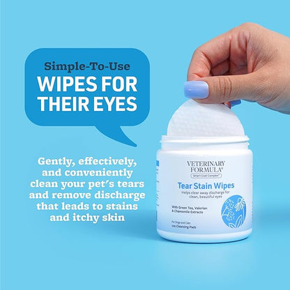 Veterinary Formula Smart Coat Complex Tear Stain Wipes for Dogs &amp; Cats, 100 ct – Gently Wipe Away Debris and Clean Stains Around The Eyes of Pets, Fragrance-Free and Pre-Saturated