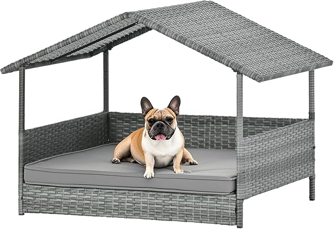 Wicker Dog House Outdoor Indoor with Canopy, Elevated Dog Shelter &amp; Dog Bed with Light Gray Cushion, Water-Resistant Raised Pet House for Small Medium Dogs, Rattan Dog Cot for Deck, Patio, Yard, Pool