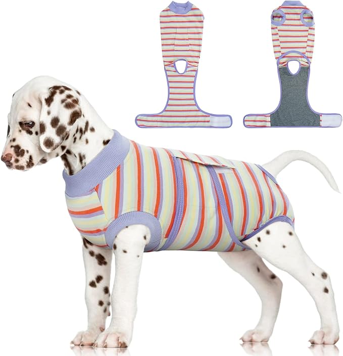 FUAMEY Recovery Suit for Dogs After Surgery,Soft Breathable Dog Bodysuit E-Collar &amp; Cone Alternative Surgical Suit,Male Female Dog Neuter Spay Suits Anti Licking Wounds Onesie Purple Stripes XS