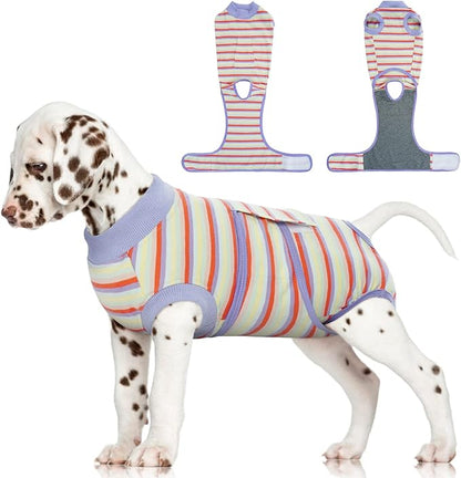 FUAMEY Recovery Suit for Dogs After Surgery,Soft Breathable Dog Bodysuit E-Collar &amp; Cone Alternative Surgical Suit,Male Female Dog Neuter Spay Suits Anti Licking Wounds Onesie Purple Stripes XS