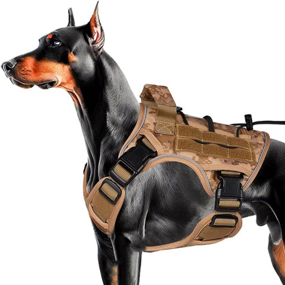 Heavy-Duty Tactical Dog Harness for Large Dogs, No Pull Adjustable Reflective Pet Vest with Molle System, K9 Military-Grade Control for Service Training, Outdoor &amp; 10+ Breeds, Khaki Camo, Medium