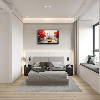 Large Cityscape Wall Art for Living Room, Framed Oversized Urban Tram Wall Decor Tree Landscape Canvas Painting Modern Artwork for Living Room Bathroom Bedroom Office Dining Room 36"x24"