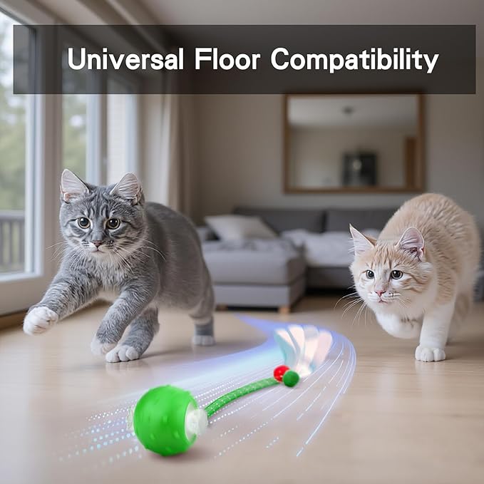 Interactive Cat Toys Ball for Indoor Cats, Automatic Agile Rolling Cat Ball with Elastic Mesh Tail, Bird Chirping &amp; Motion Activated, 2 Tail Accessories, Kitten Toy for Bored (Green)